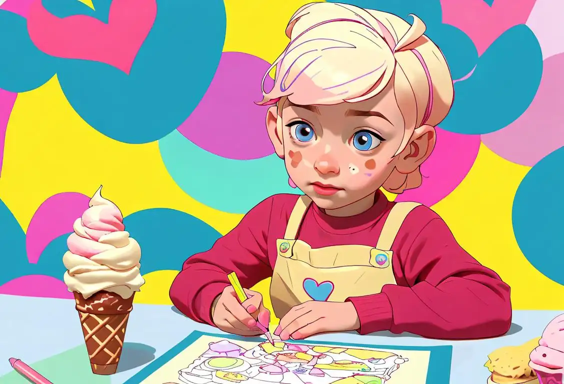 Young child coloring in a coloring book filled with ice cream sandwich illustrations, wearing a colorful apron and surrounded by ice cream themed toys and decorations..