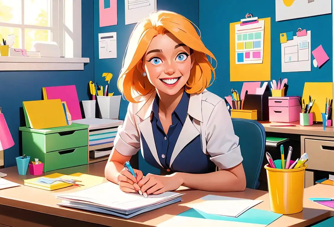 A cheerful person wearing a professional attire with a bright smile, cleaning a cluttered desk with colorful office supplies in a sunny, organized office space..