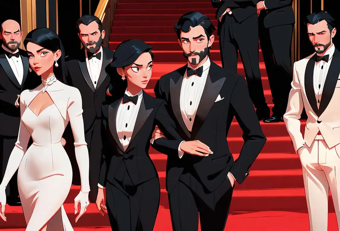 A group of people, both men and women, dressed in elegant tuxedos and glamorous gowns, posing confidently at a glamorous red carpet event, celebrating National Tuxedo Day with style and sophistication..