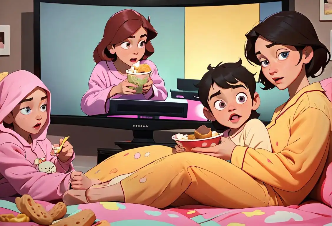 A family gathered together, watching television with excitement and wearing cozy pajamas, surrounded by their favorite snacks and blankets..