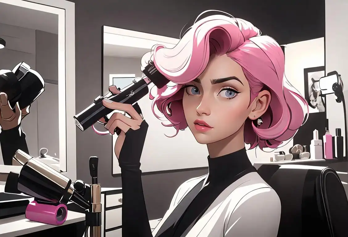 A hair stylist standing in a modern salon, using a curling iron while surrounded by various hair products and stylish salon equipment..