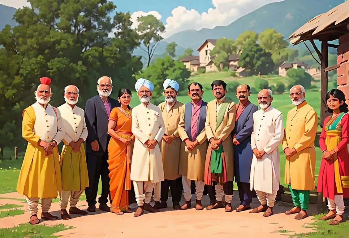 A group of diverse individuals standing in front of a rustic village backdrop, showcasing traditional Indian clothing and accessories, celebrating National Panchayat Raj Day with joy and togetherness..