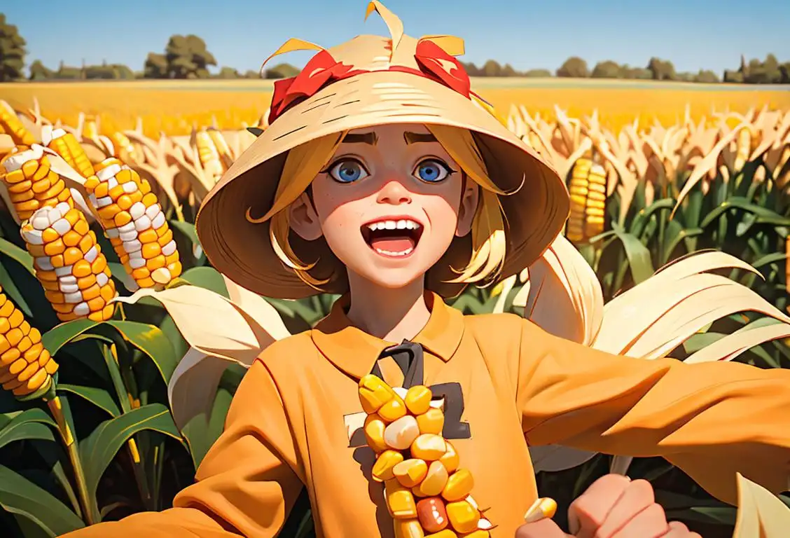 Person wearing a corn costume, surrounded by cornfields, with a group of excited children in an Iowa-themed parade..