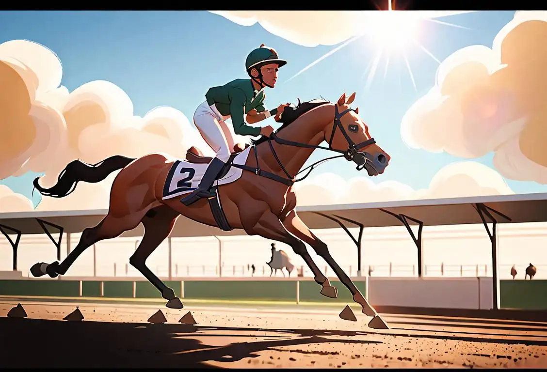 Fearless jockey atop a majestic horse, framed by a beautiful racecourse, sunlight gleaming off shining helmets, intense determination in their eyes..