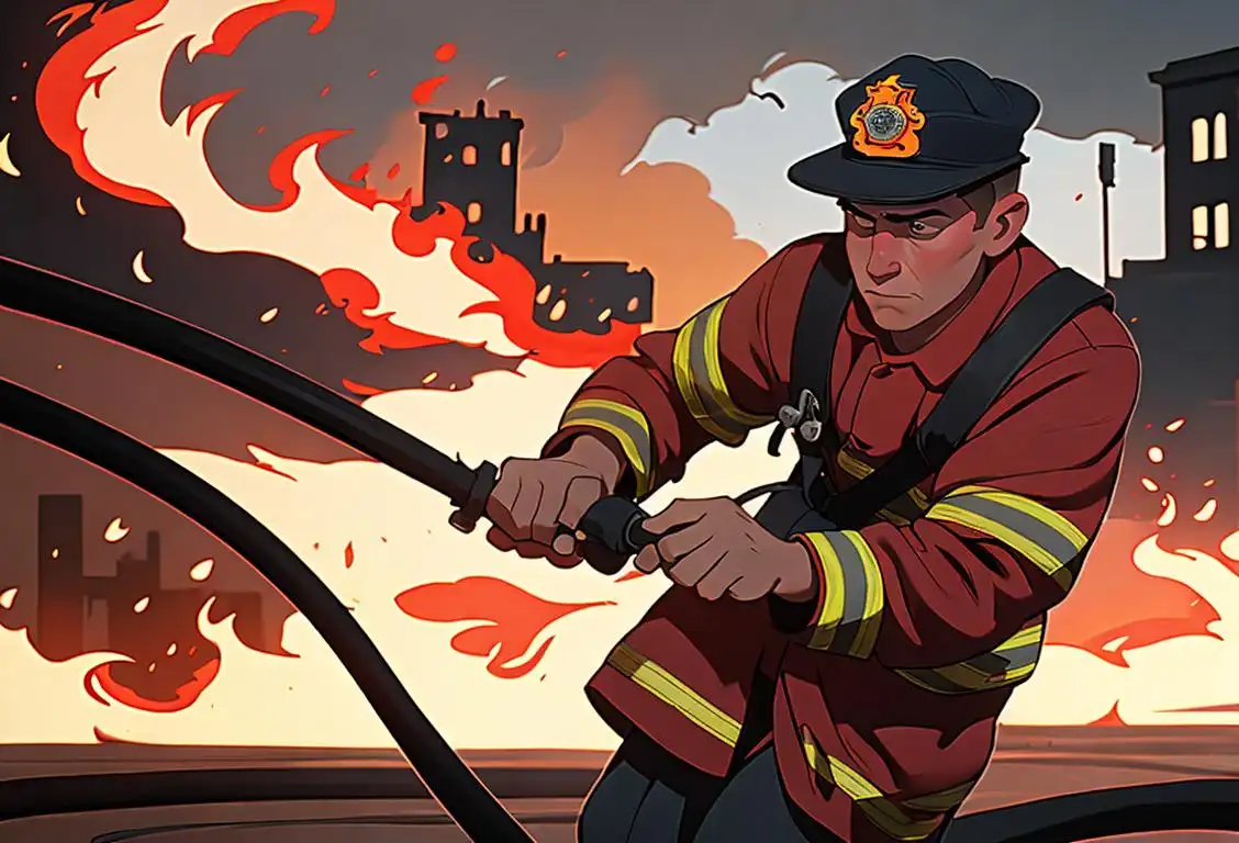 Firefighter in uniform, holding a hose, with a determined expression, surrounded by flames and a cityscape..