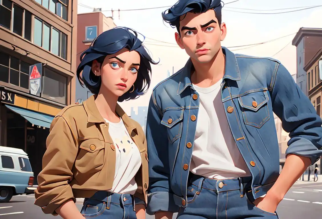 Young woman and man posing in denim outfits, fashionably styled with denim accessories, against an urban backdrop.