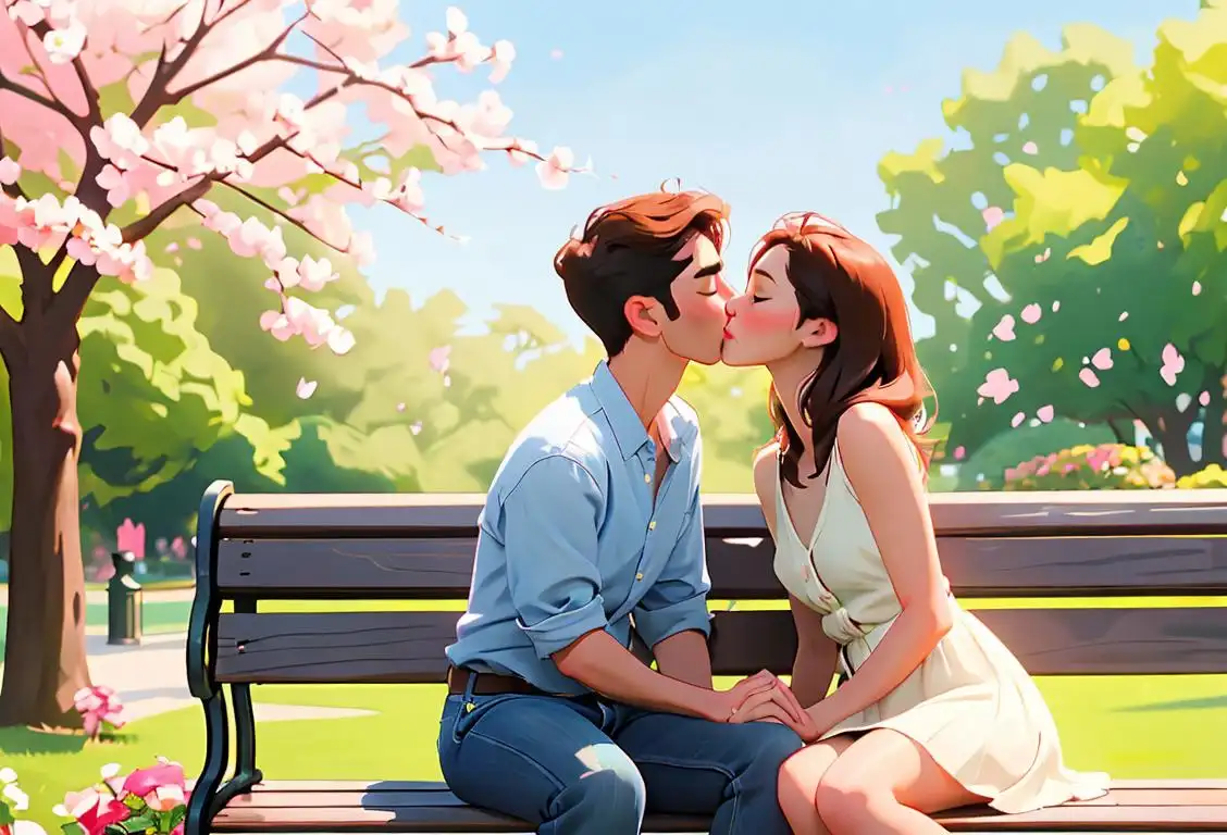 Couple sharing a tender kiss on a park bench, surrounded by blooming flowers, wearing casual summer attire..