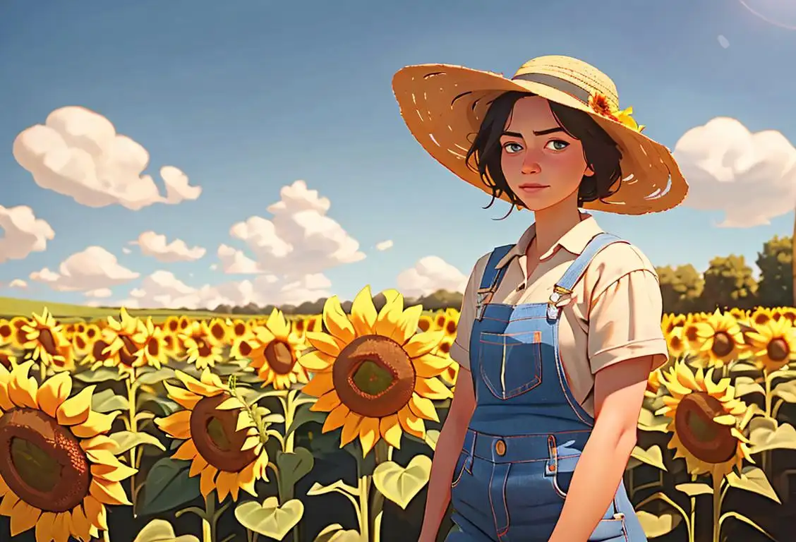 A farmer standing proudly in a sunflower field, wearing denim overalls and a straw hat, amidst a picturesque countryside landscape..