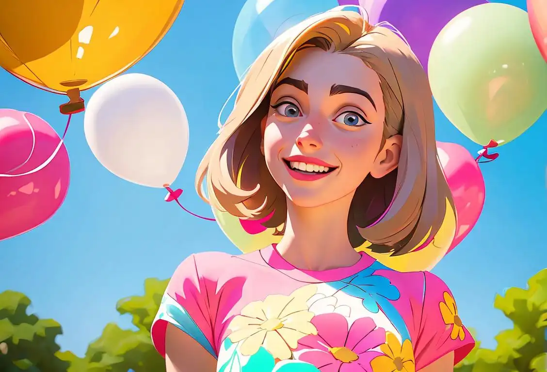 Young woman grinning with delight, wearing a floral dress, surrounded by colorful balloons, park setting..