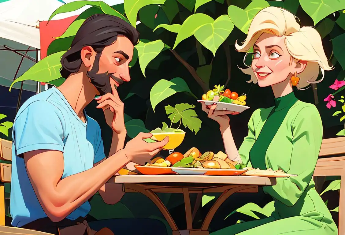 Happy vegan couple enjoying a plant-based meal, stylishly dressed in sustainable fashion, amidst a vibrant farmers market..