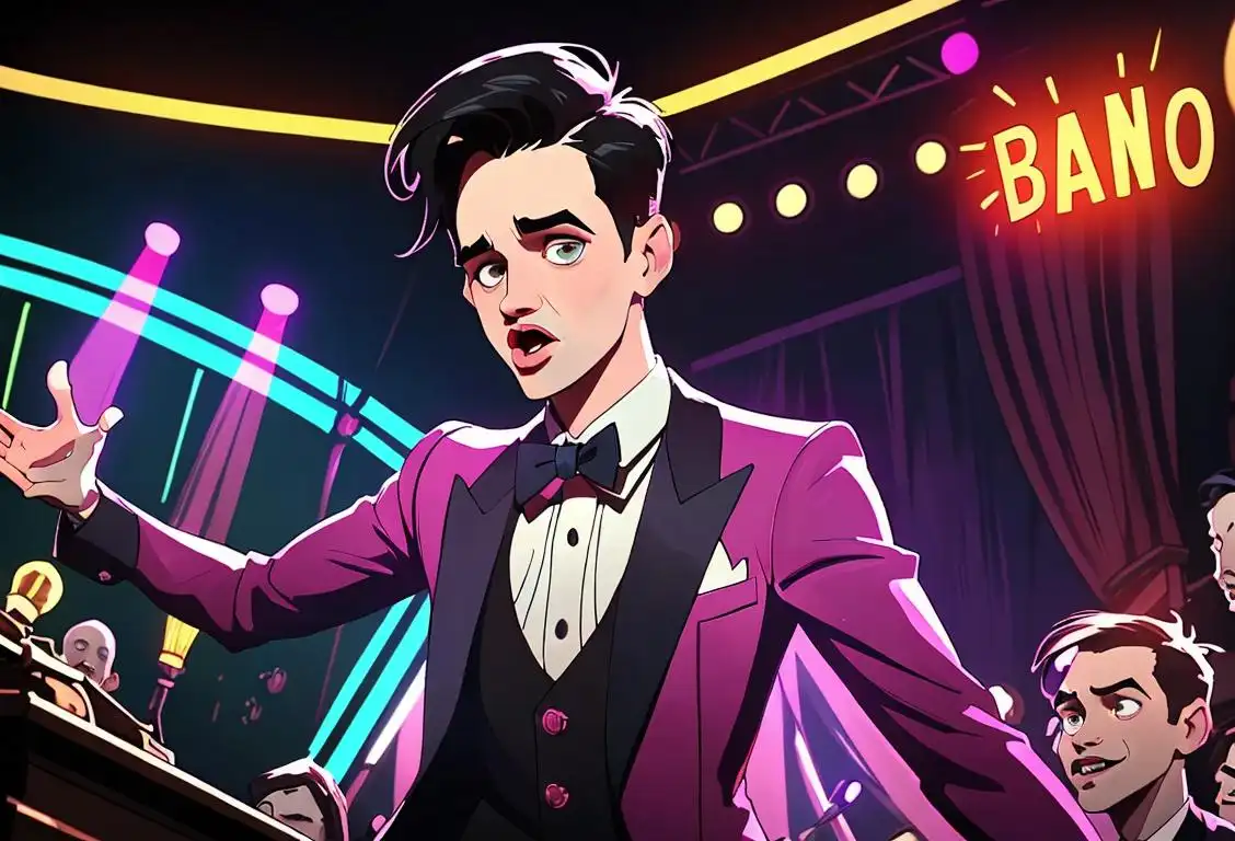Brendon Urie striking a charismatic pose on stage, rocking a stylish outfit, surrounded by colorful lights and energetic fans..