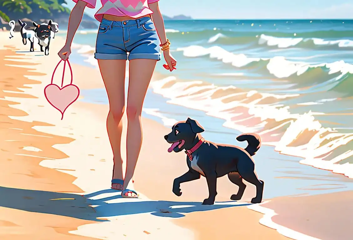 A joyful family walking alongside a dog, beach background, wearing summery clothing, expressing unconditional love and happiness..
