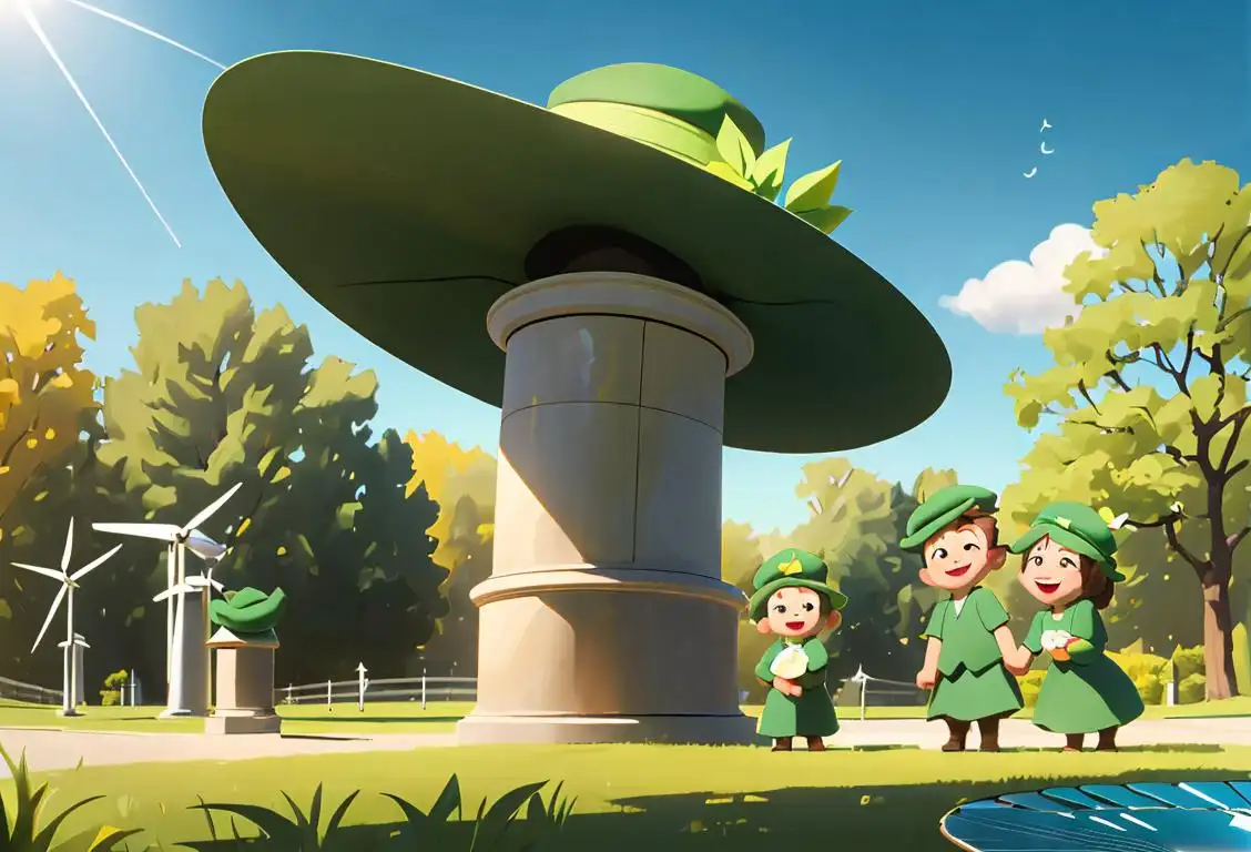 Young, happy family surrounded by renewable energy sources, wearing matching green hats, in a sunny park setting..