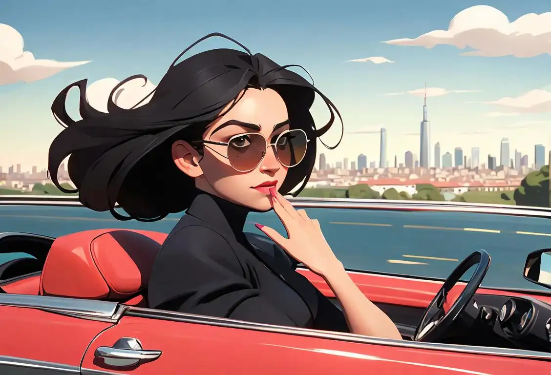 A confident woman with sunglasses driving a convertible, hair blowing in the wind, surrounded by a scenic countryside and city skyline..