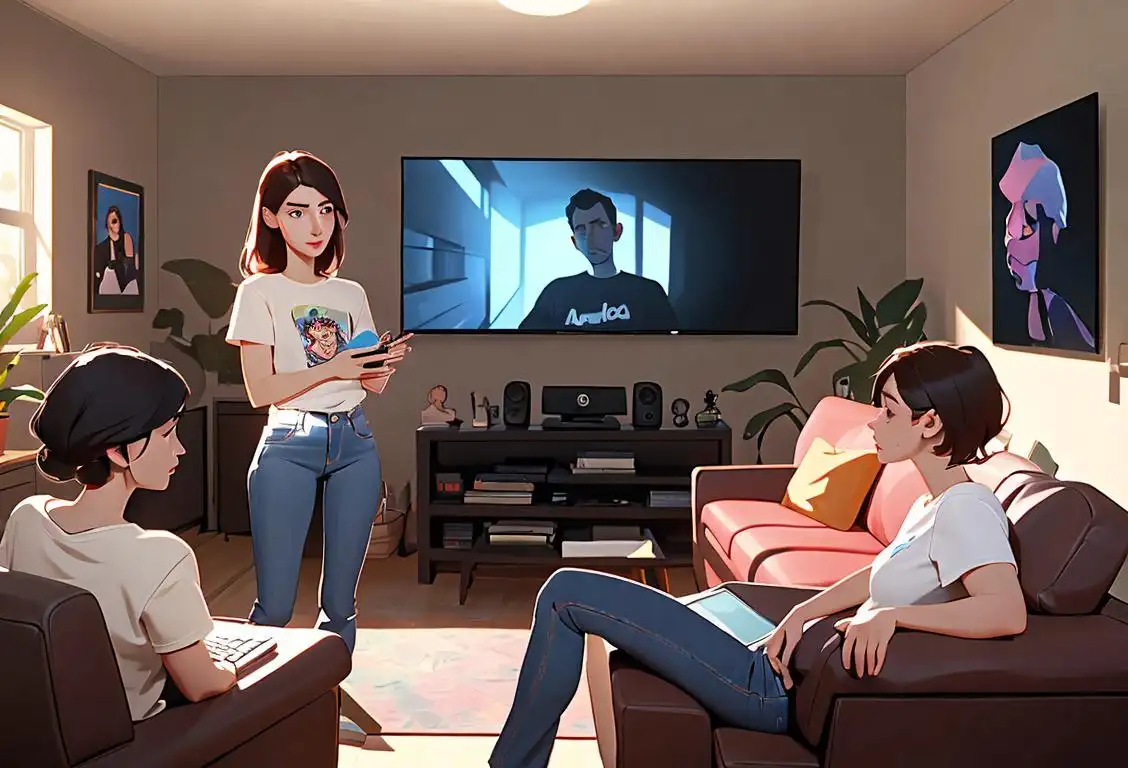 A diverse group of people gathered around a computer screen, wearing t-shirts and jeans, with a cozy living room setting..