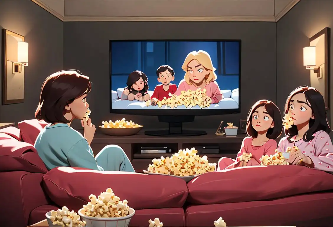 A group of people sitting on a couch, eyes glued to the TV, dressed in cozy pajamas, surrounded by popcorn and blankets..