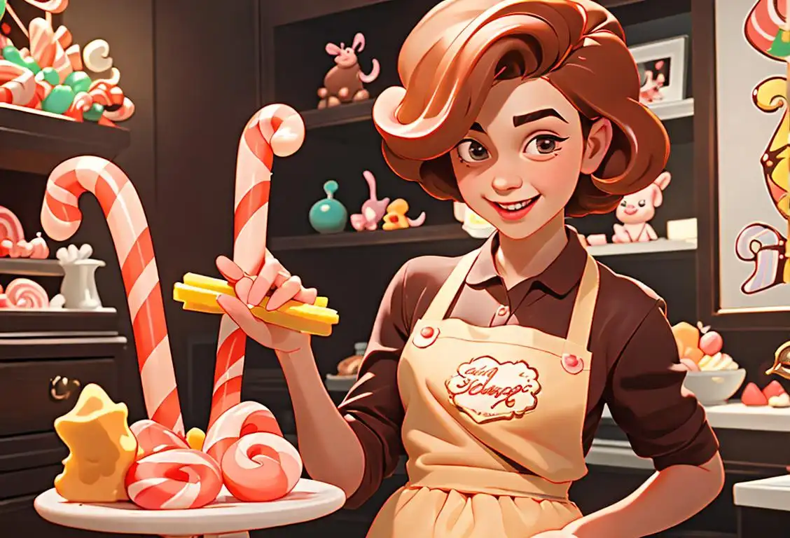 Young girl joyfully holding a piece of sponge candy, wearing a cute apron, in a colorful candy shop with candy canes and lollipops surrounding her..