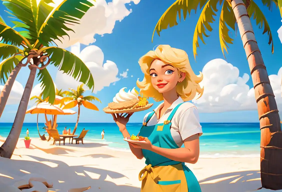 Cheerful woman wearing a tropical-themed apron, holding a coconut cream pie, surrounded by palm trees and beach decor..