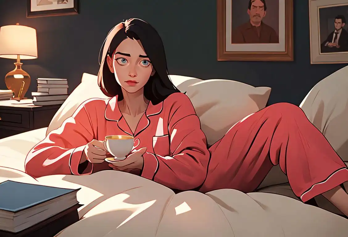 A cozy, indoor scene with a person wearing pajamas, holding a book, surrounded by blankets and tea..