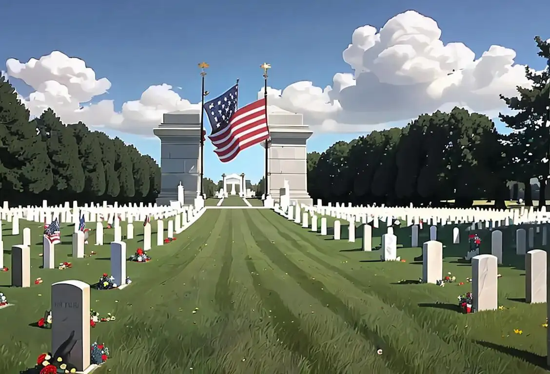 A solemn and respectful scene at a national cemetery with American flags waving, as we prepare to honor our fallen heroes on Memorial Day..