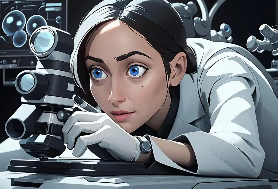 Close-up shot of a scientist in a lab coat, surrounded by advanced microscopes and futuristic technology..