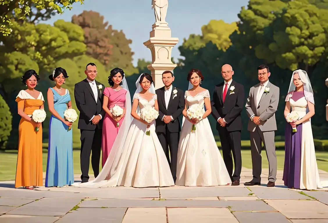 A diverse group of people, dressed in elegant wedding attire, standing together in front of a beautiful outdoor wedding venue..