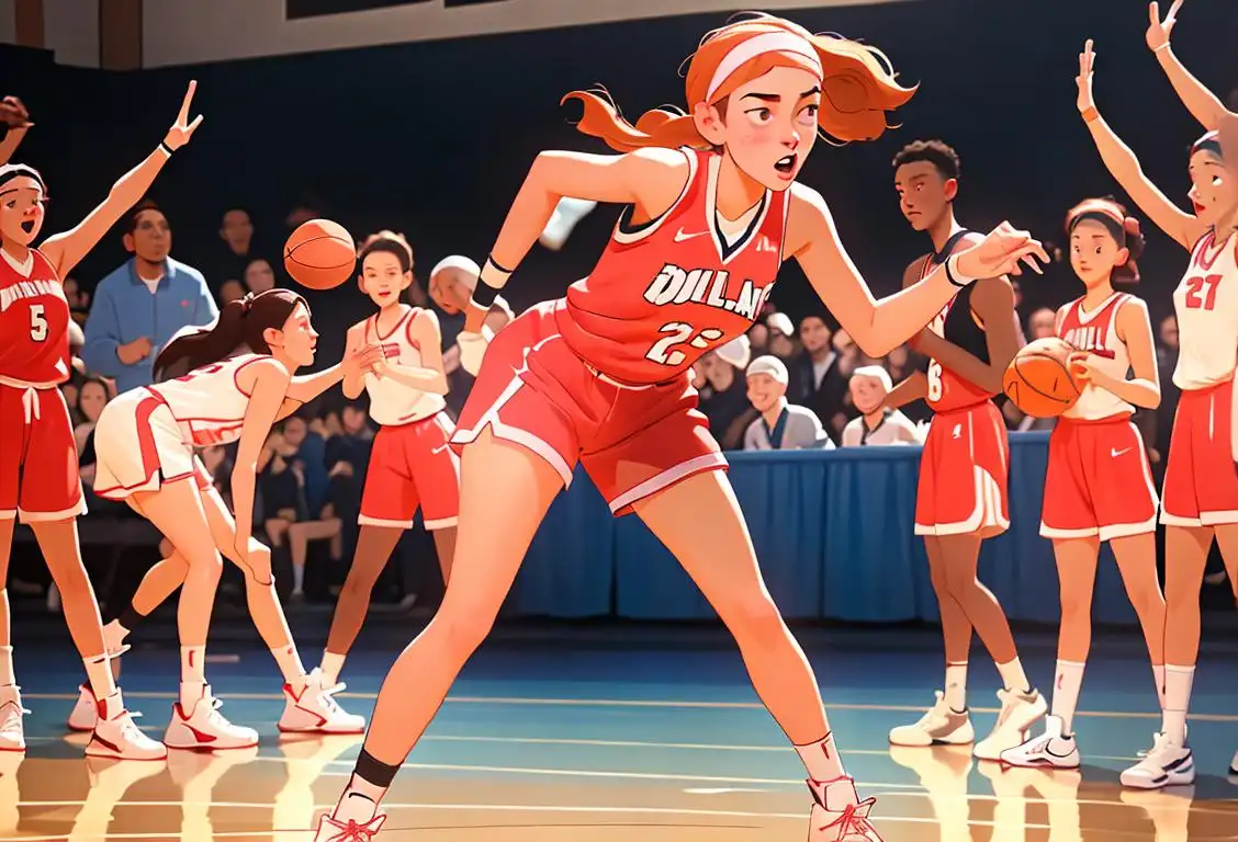 Young woman basketball player dribbling the ball, wearing team jersey, sneakers, and sweatband, surrounded by cheering crowd in a basketball court..