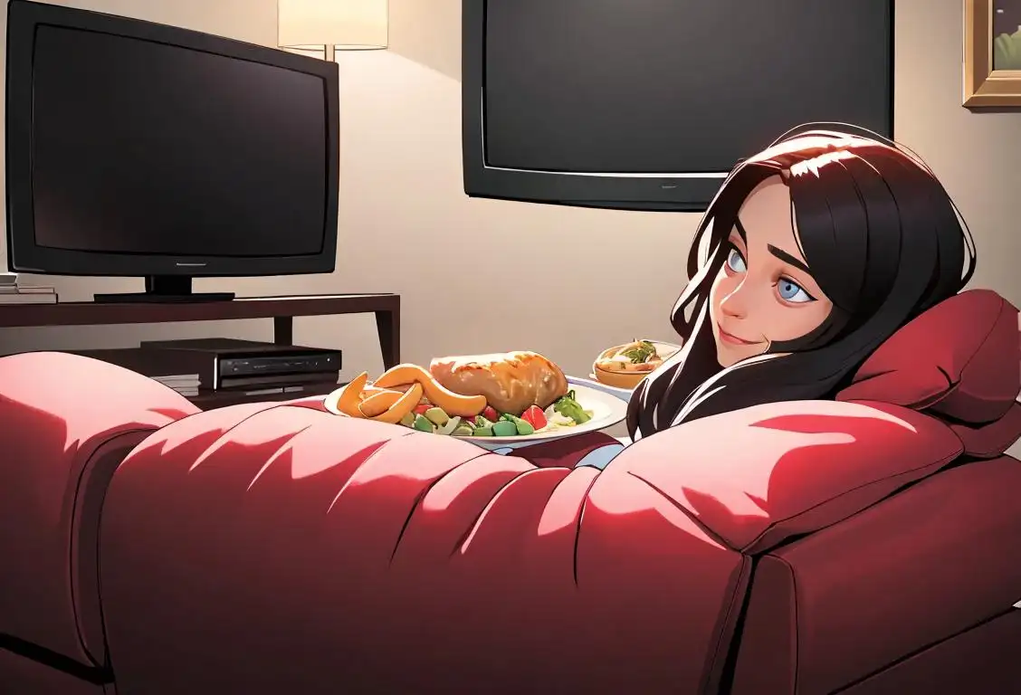 A person sitting on a couch, happily enjoying a TV dinner in front of the television, surrounded by cozy blankets and pillows..