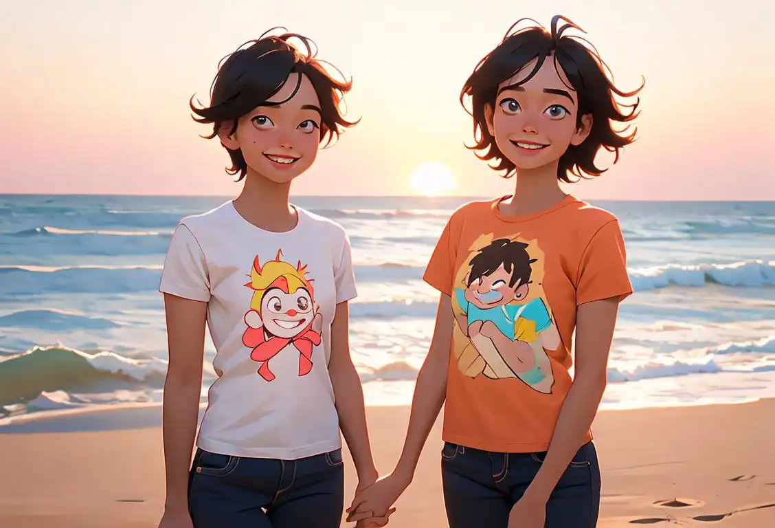 Two friends standing arm in arm with big smiles, wearing matching t-shirts, beach setting with sun shining..