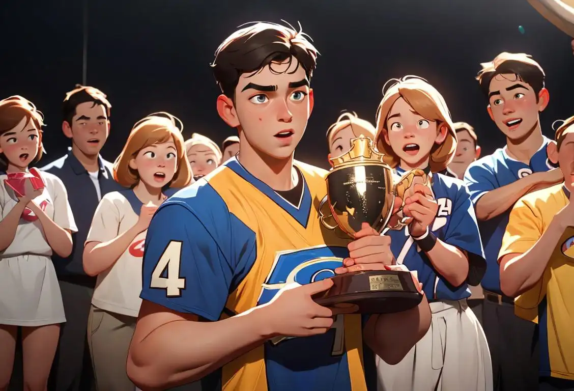 Young boy holding a trophy, wearing a sports jersey, surrounded by cheering friends and family..