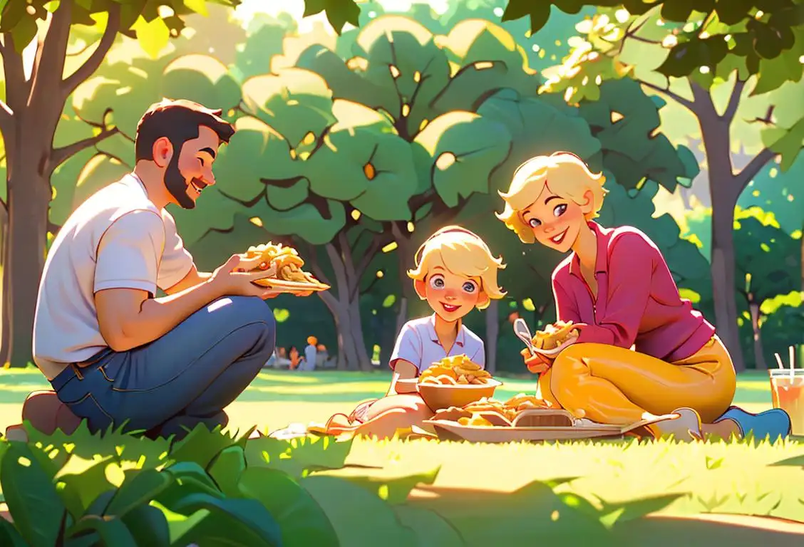 Cheerful family enjoying mac n cheese picnic in a sunny park, dressed in casual summer outfits, surrounded by lush greenery..