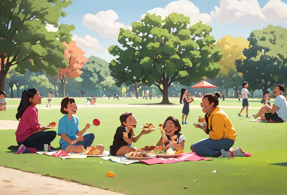 A diverse group of friends sitting in a park, laughing and enjoying each other's company, with a picnic spread of delicious food and sports equipment nearby..