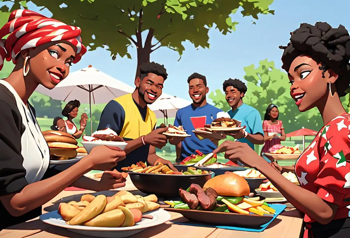 A festive outdoor cookout scene with a diverse group of people enjoying delicious food and engaging in fun activities. The scene captures the vibrant spirit and unity of black communities celebrating National Black People Cookout Day..