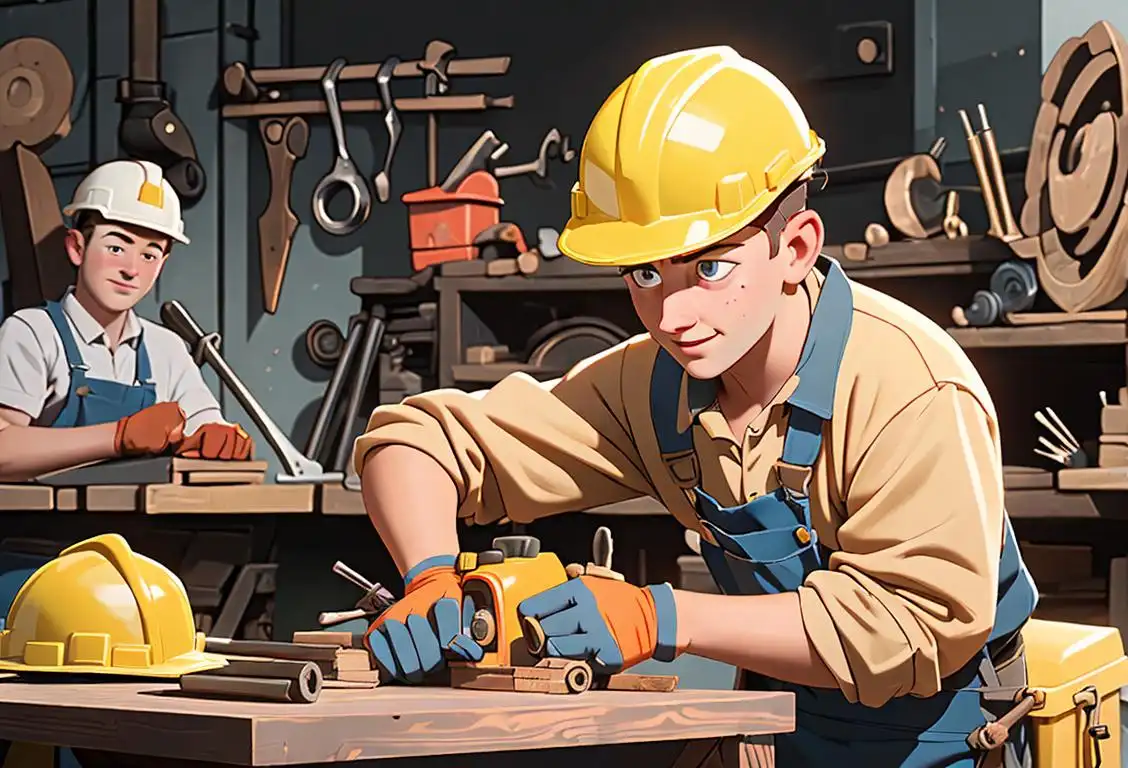 Cheerful young apprentice wearing a hard hat, holding a toolbox, amidst a bustling workshop, surrounded by various tools and machinery..