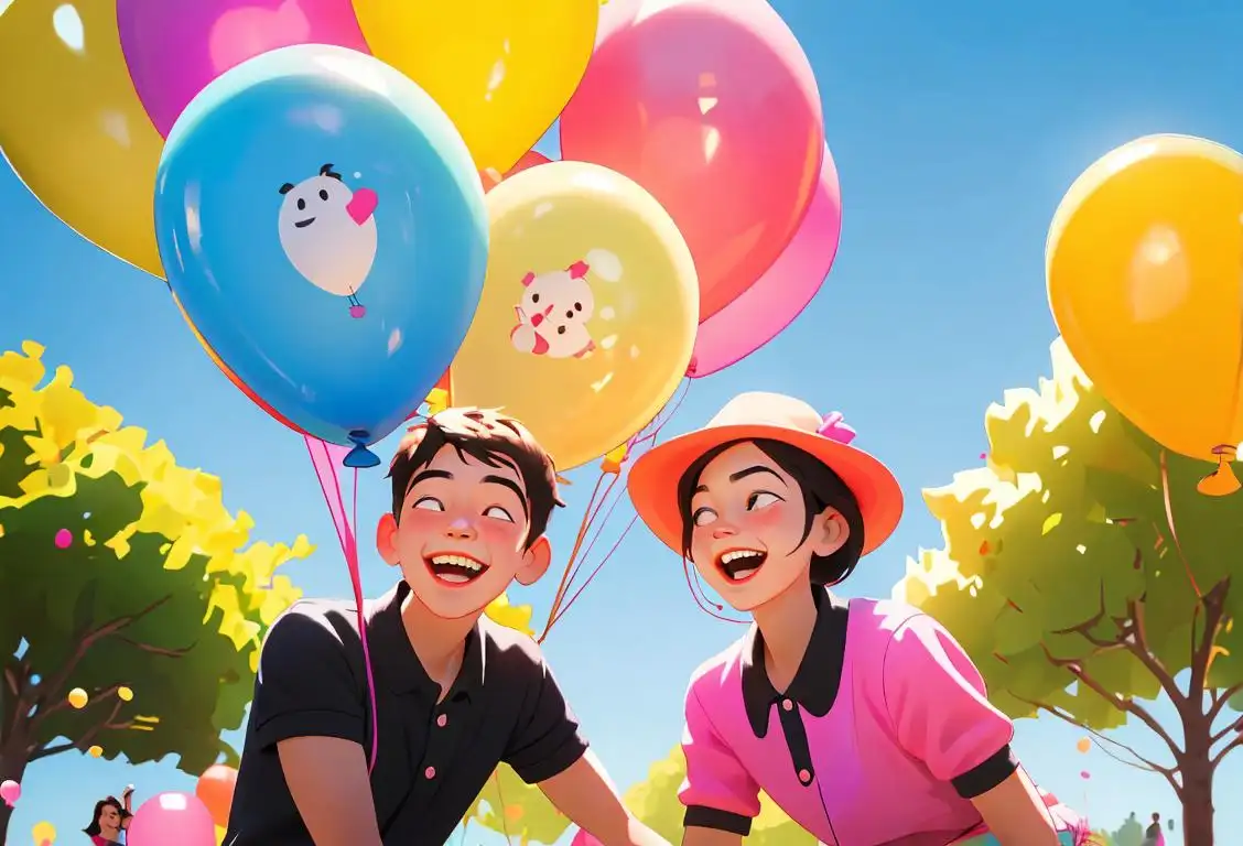Two siblings, a brother and a sister, laughing together in a sunny park, wearing trendy casual outfits, surrounded by colorful balloons..