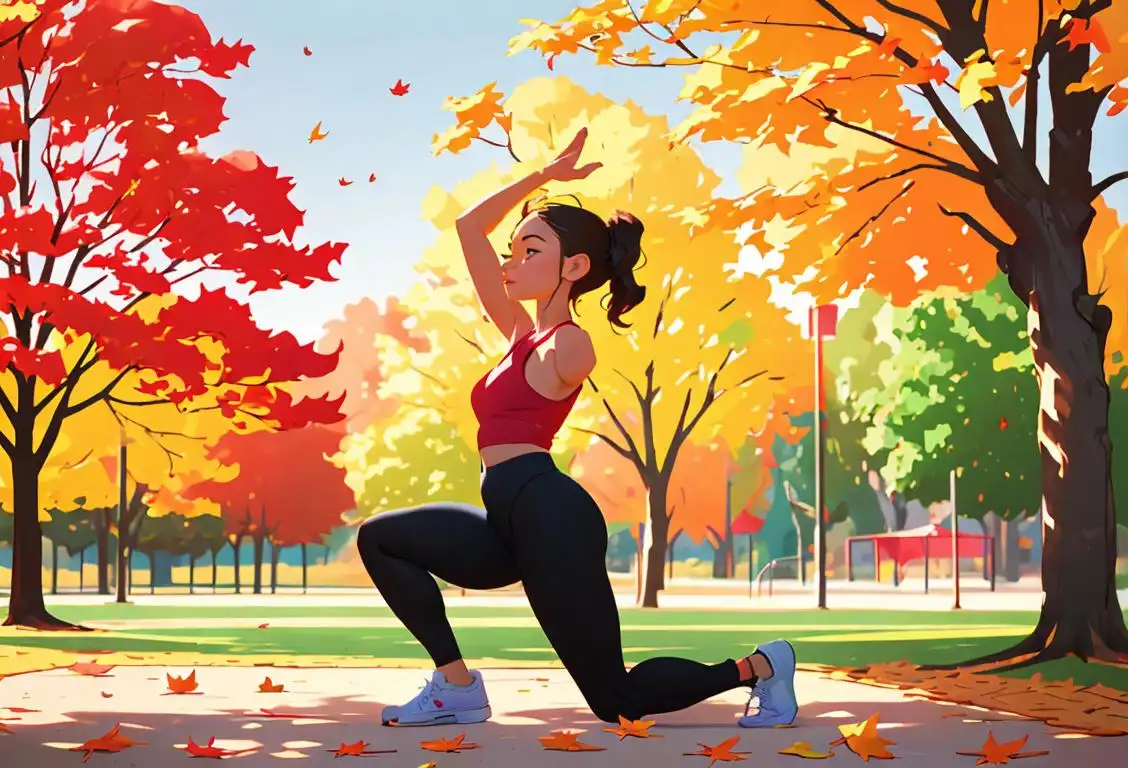 Young woman doing yoga pose, wearing athletic wear, outdoor park scene with colorful autumn leaves..