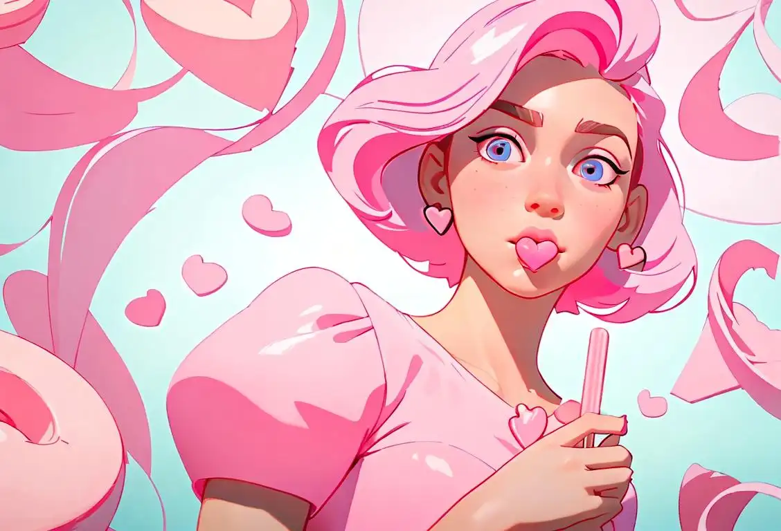 Young woman holding a heart-shaped lollipop, wearing a pastel-colored dress, surrounded by a pink and white candy-themed wonderland..