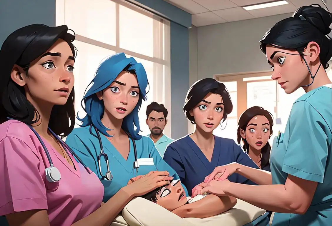 A group of hospital staff in colorful scrubs working together to save lives, with a diverse group of patients in the background..