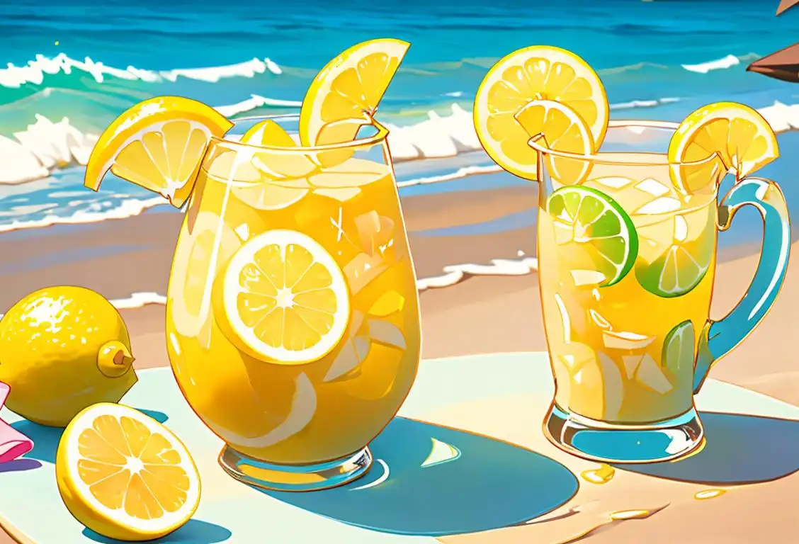 A person squeezing a fresh lemon juice into a colorful pitcher, wearing a sunny, summer dress, tropical beach setting..
