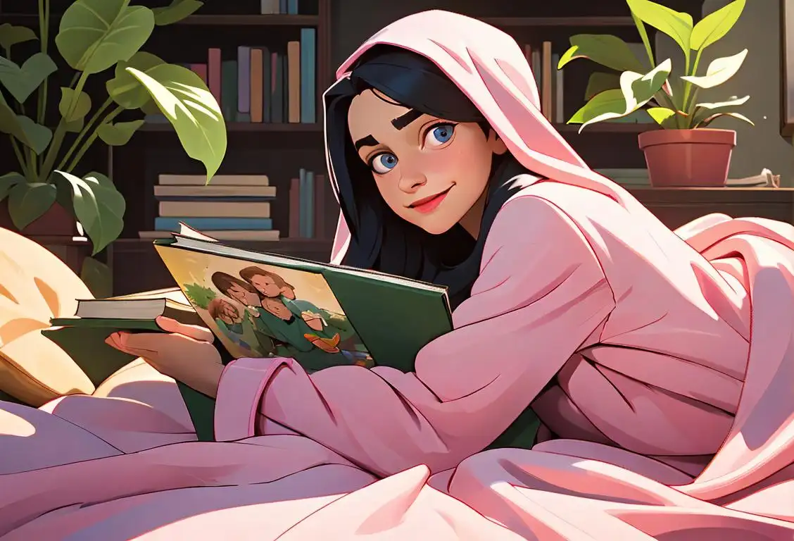A joyful person wearing comfy pajamas, wrapped in a cozy blanket, surrounded by indoor plants and books..