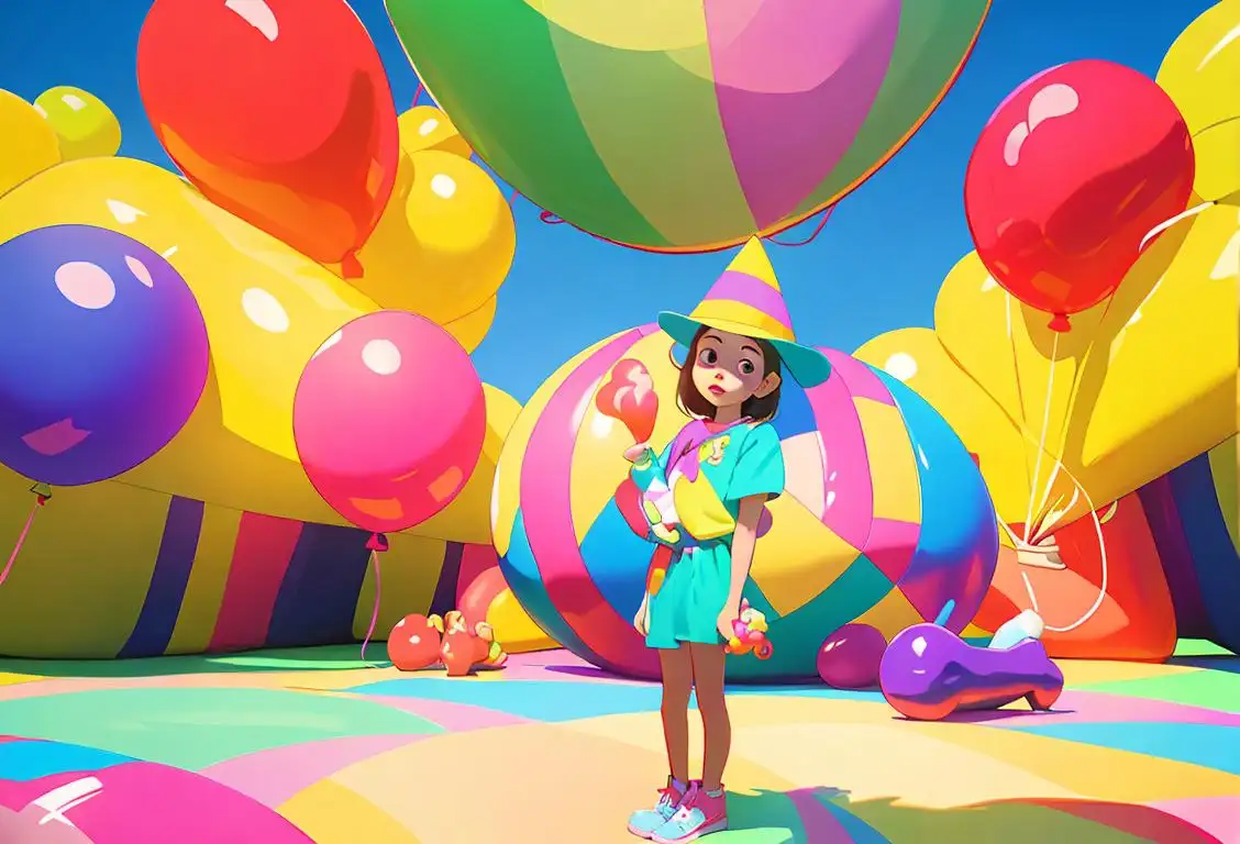 Young girl standing next to a giant inflatable balloon, wearing a colorful party hat, surrounded by oversized toys and decorations..