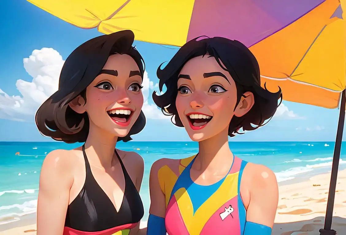 Two best friends laughing on a sunny beach, wearing matching colorful swimsuits, surrounded by beach umbrellas and sandcastles..