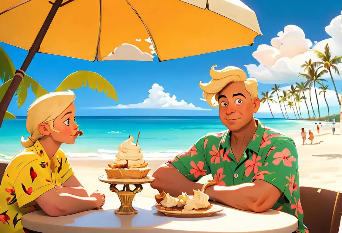 A person sitting at a table, enjoying a slice of banana cream pie, surrounded by a whimsical, tropical-themed decor with colorful Hawaiian shirts and a beach scene..