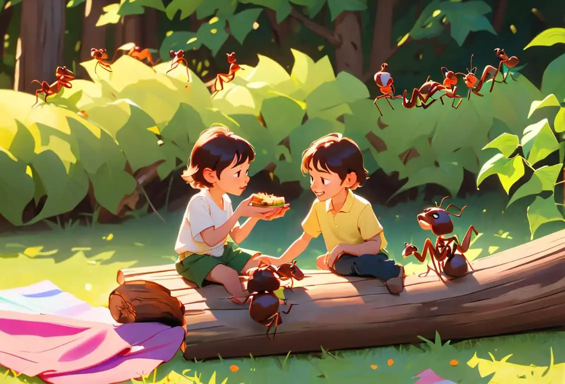 Children joyfully snacking on ants on a log, surrounded by nature, wearing colorful summer clothes, picnic setting..