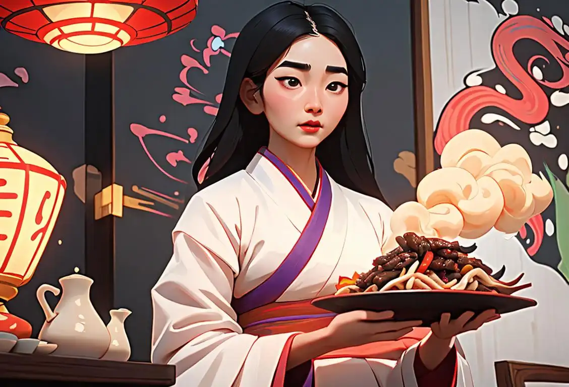 Young woman wearing a hanbok, holding a plate of steaming bulgogi, surrounded by traditional Korean architecture and vibrant cultural decorations..