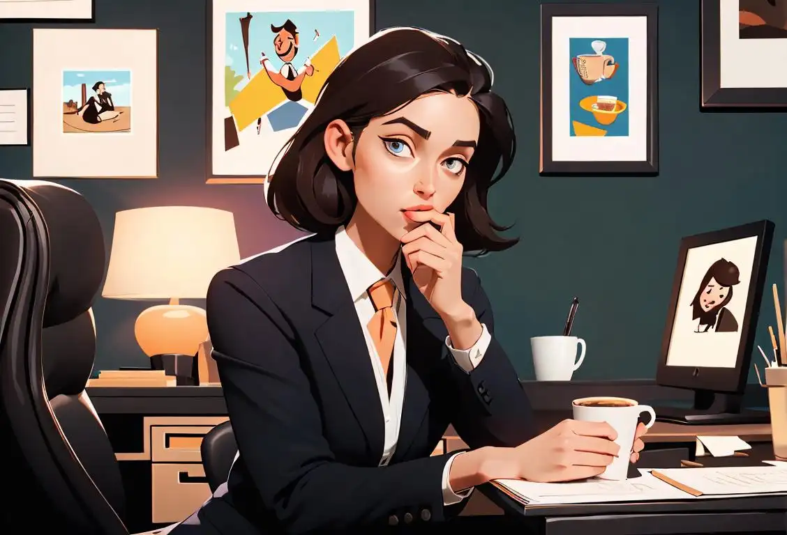 A professional office worker wearing a blazer, holding a cup of coffee, surrounded by a bustling office environment with modern decor..