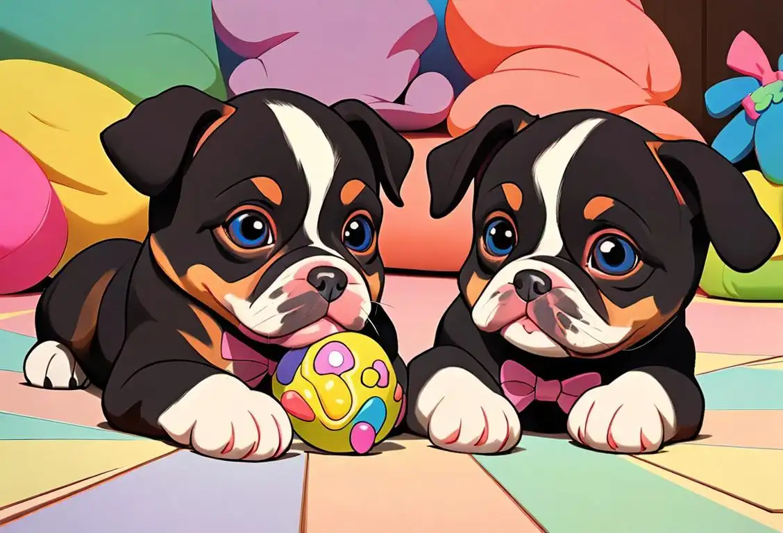 Two adorable puppies, one wearing a cute bow and another with a playful expression, surrounded by colorful toys and a cozy living room..