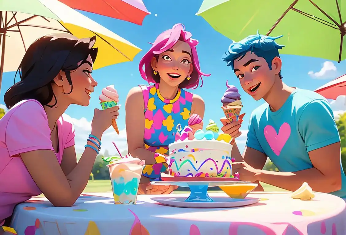 A group of happy friends gathered around a colorful ice cream cake, wearing summer outfits, enjoying a sunny backyard party..