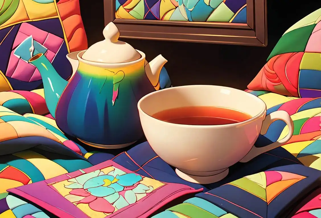 Cozy scene with a person stitching a vibrant quilt, surrounded by colorful fabric and a cup of hot tea nearby..