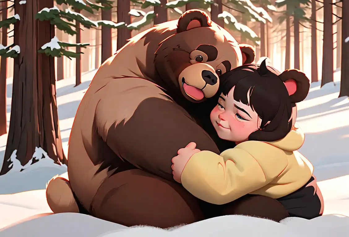 Young child giving a big bear a warm and fuzzy hug, surrounded by a cozy forest scene..